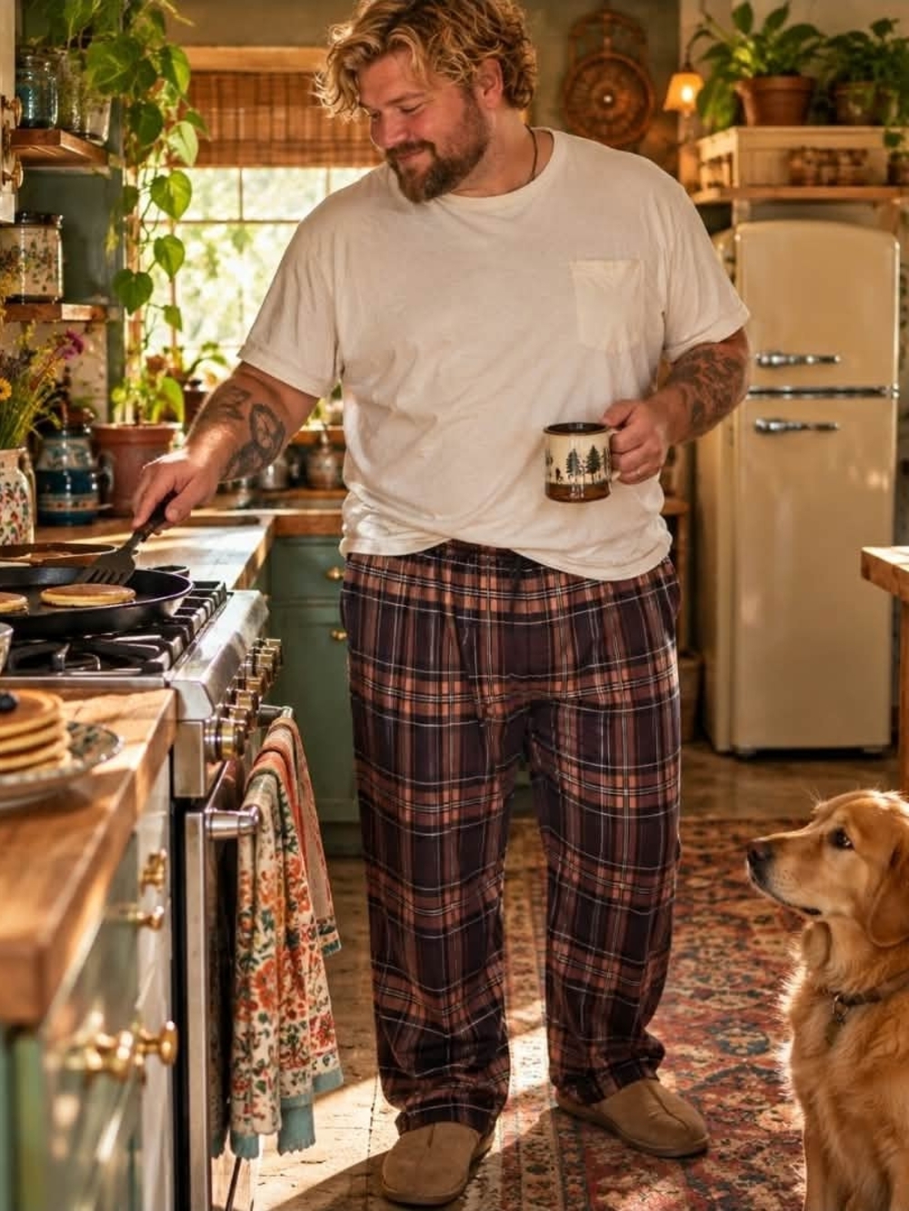 Men's 3XL Brown Plaid Lounge Pants | Y2K 90s Grunge Cozy Loungewear